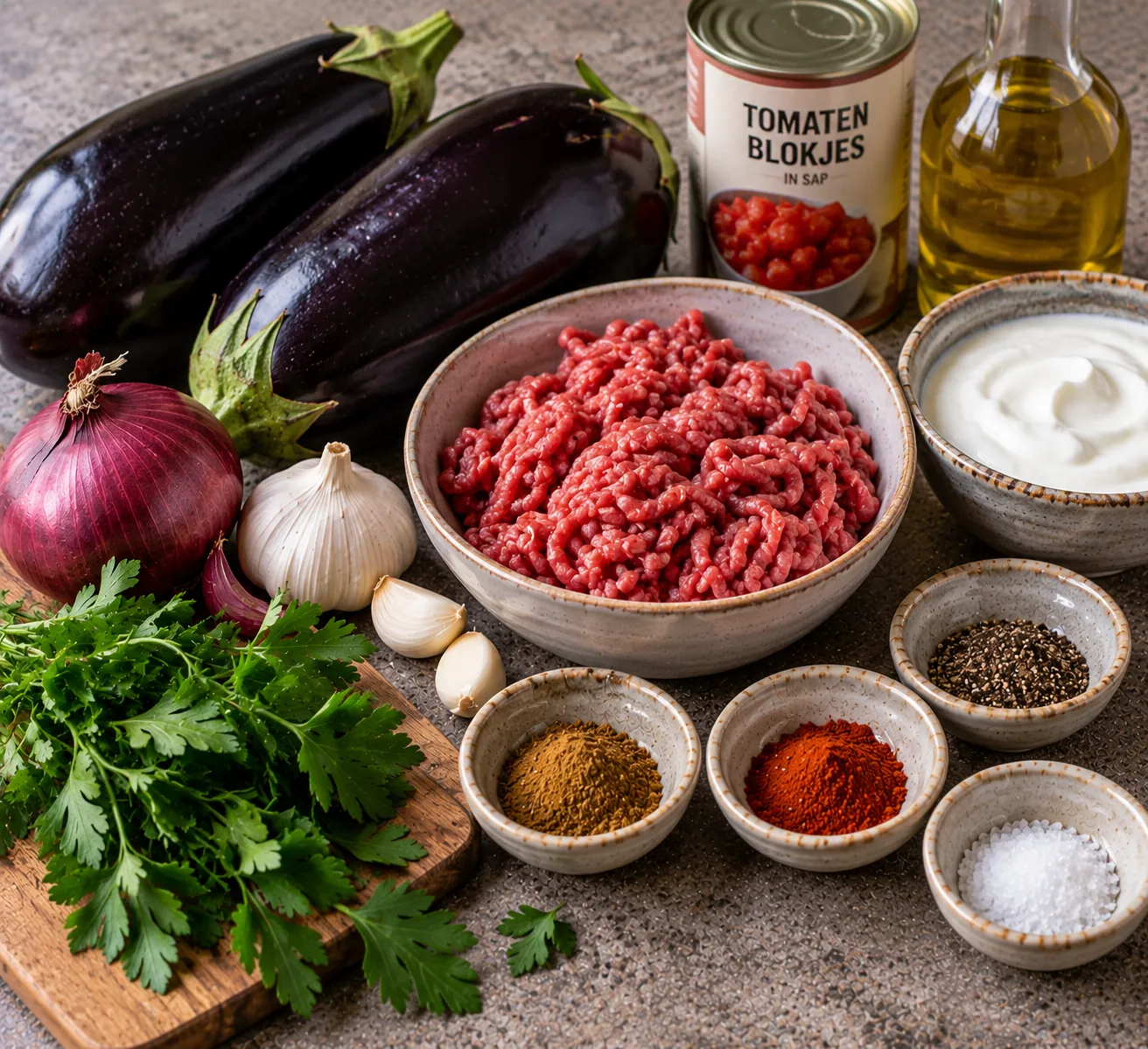 Ingredients for Stuffed aubergine with spiced minced meat & yogurt