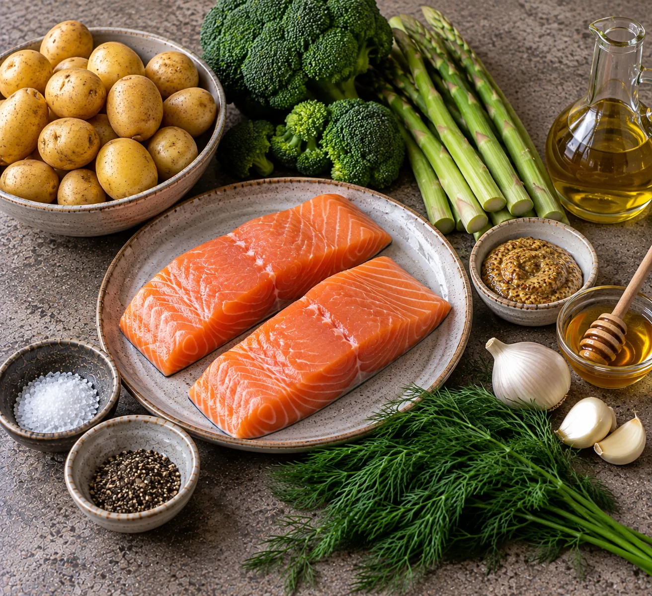 Ingredients for Salmon with Honey-Mustard & Green Vegetables