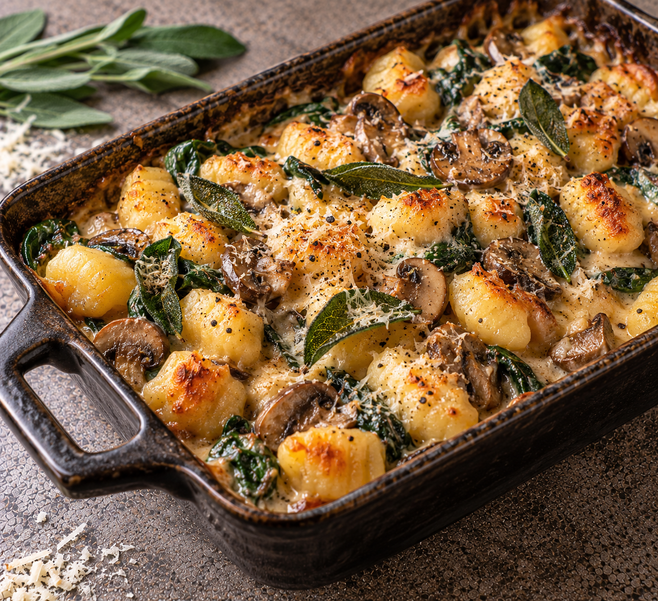 Gnocchi met champignons, spinazie & salie uit de oven