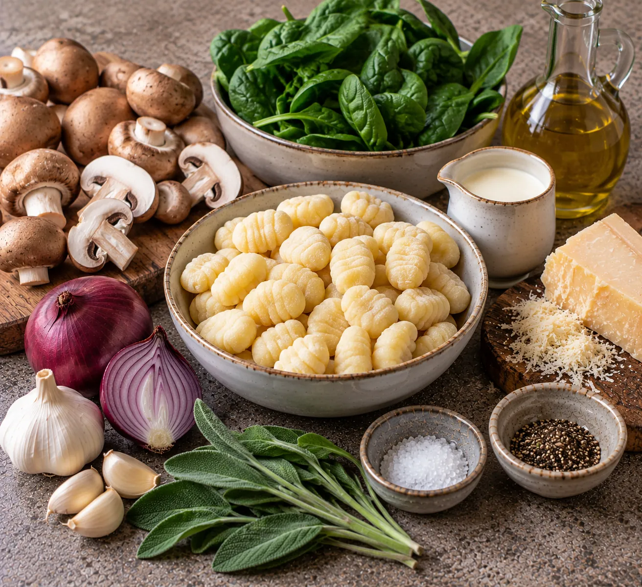 Ingredients for Baked Gnocchi with Mushrooms, Spinach & Sage