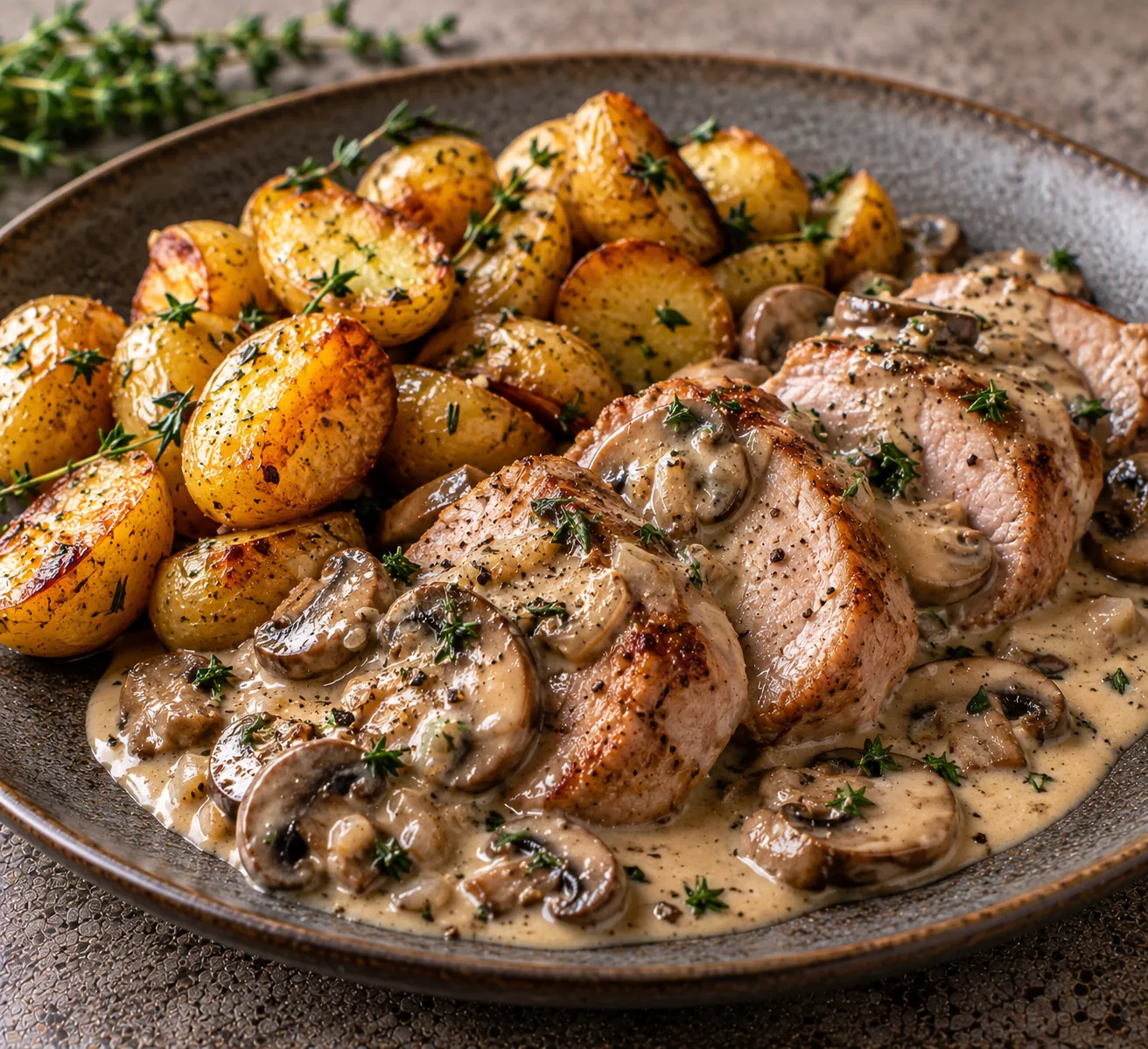 Pork tenderloin with mushroom sauce & roasted potatoes