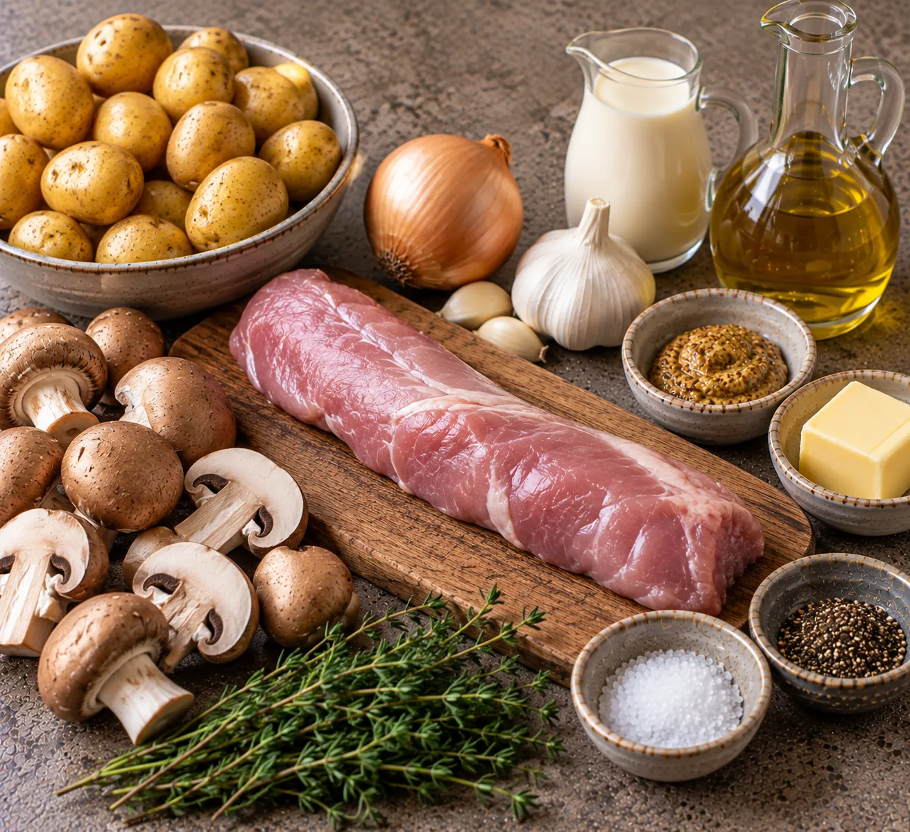 Ingredients for Pork tenderloin with mushroom sauce & roasted potatoes
