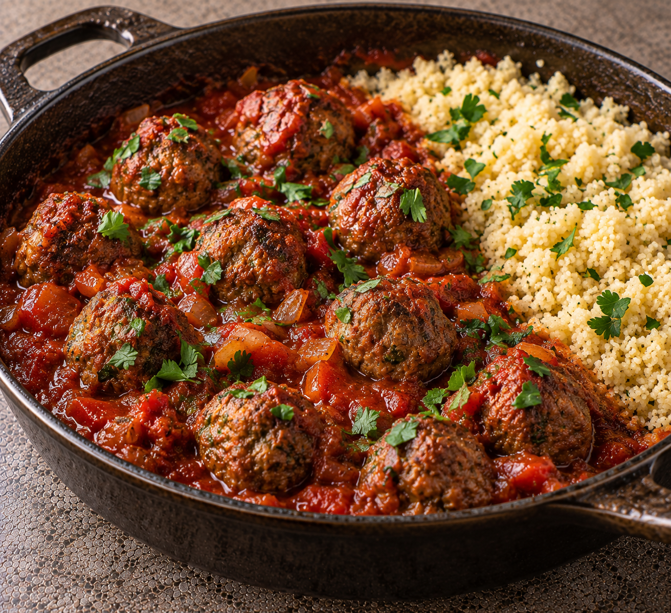 Marokkaanse gehaktballetjes met couscous & kruidige tomatensaus