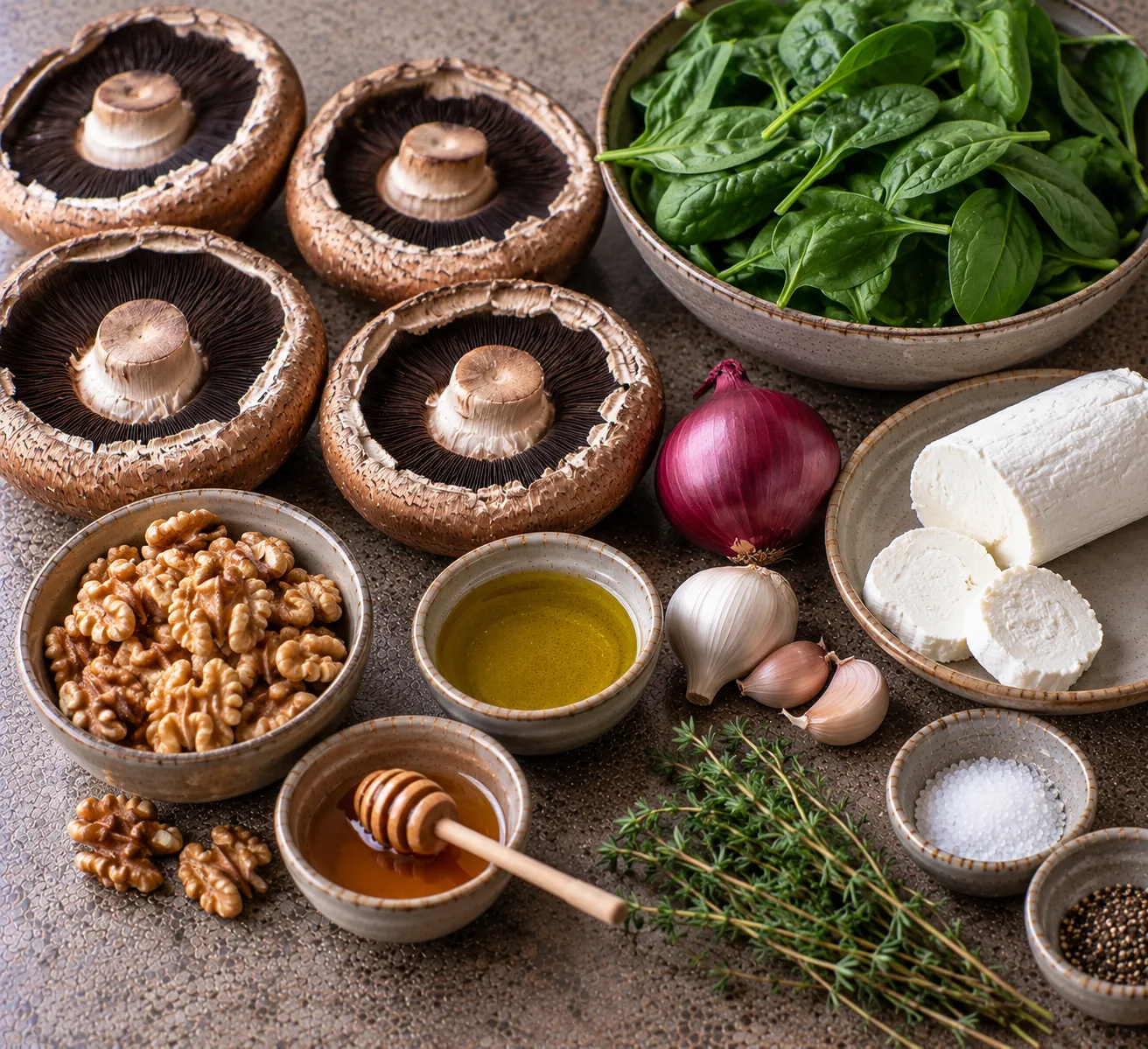 Ingredients for Stuffed Portobello with Goats' Cheese, Spinach & Walnut