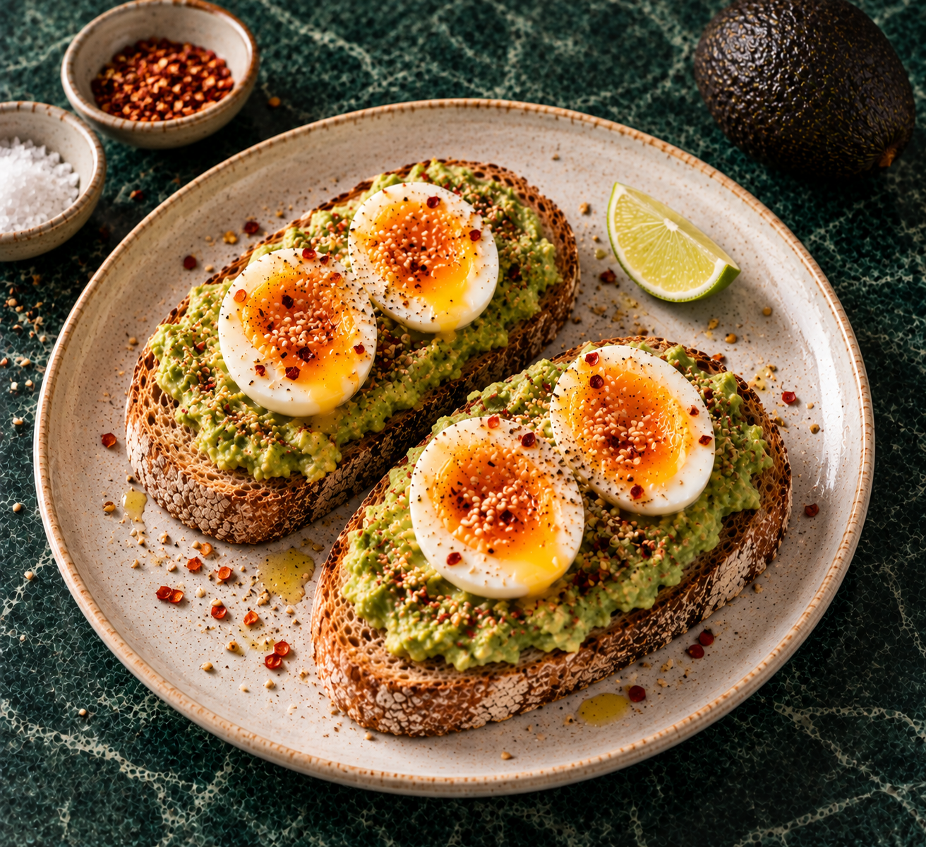 Avocadotoast met ei, sesam & chili