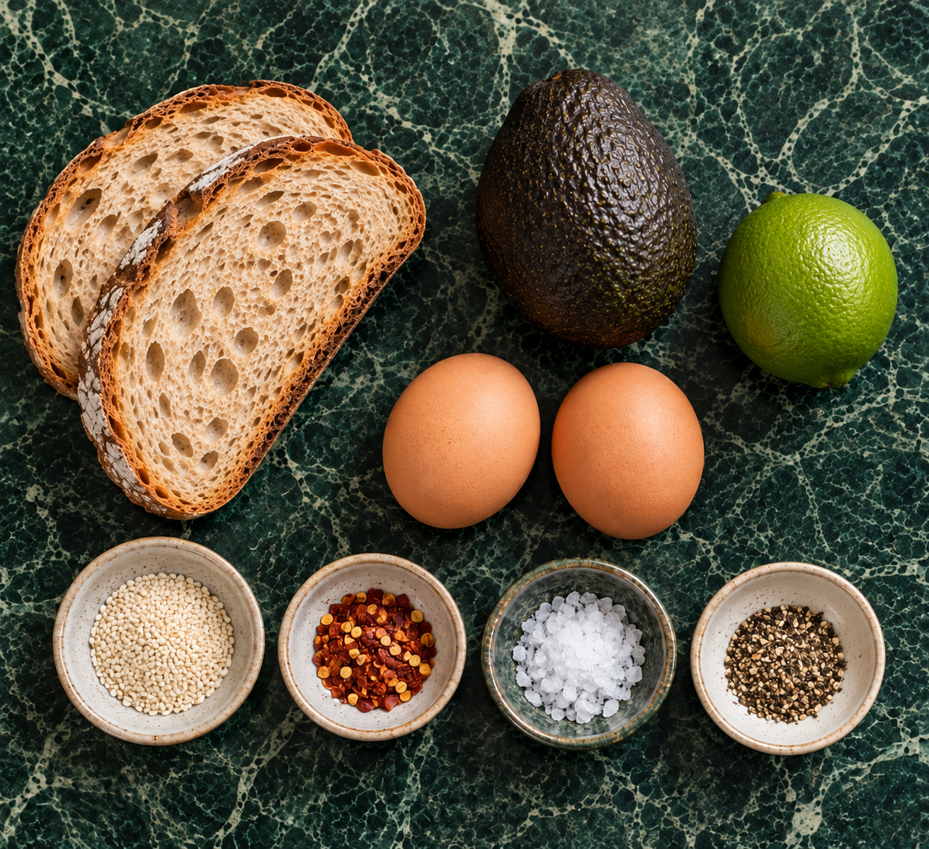 Ingrediënten voor Avocadotoast met ei, sesam & chili