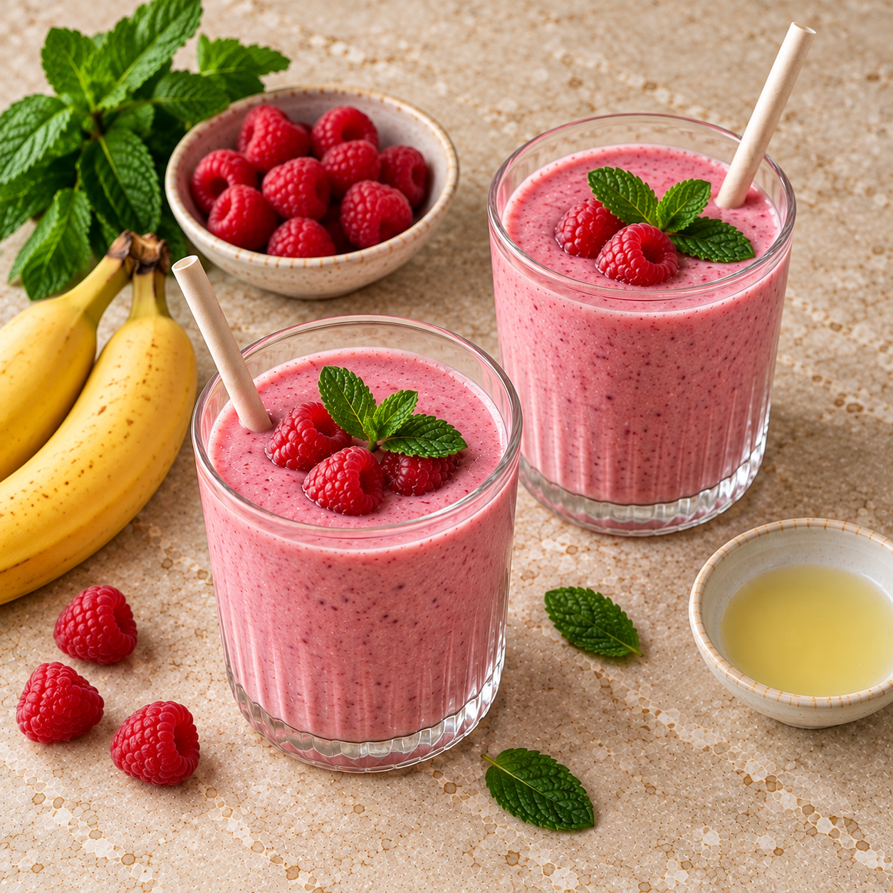 Frambozen-banaansmoothie met yoghurt & munt