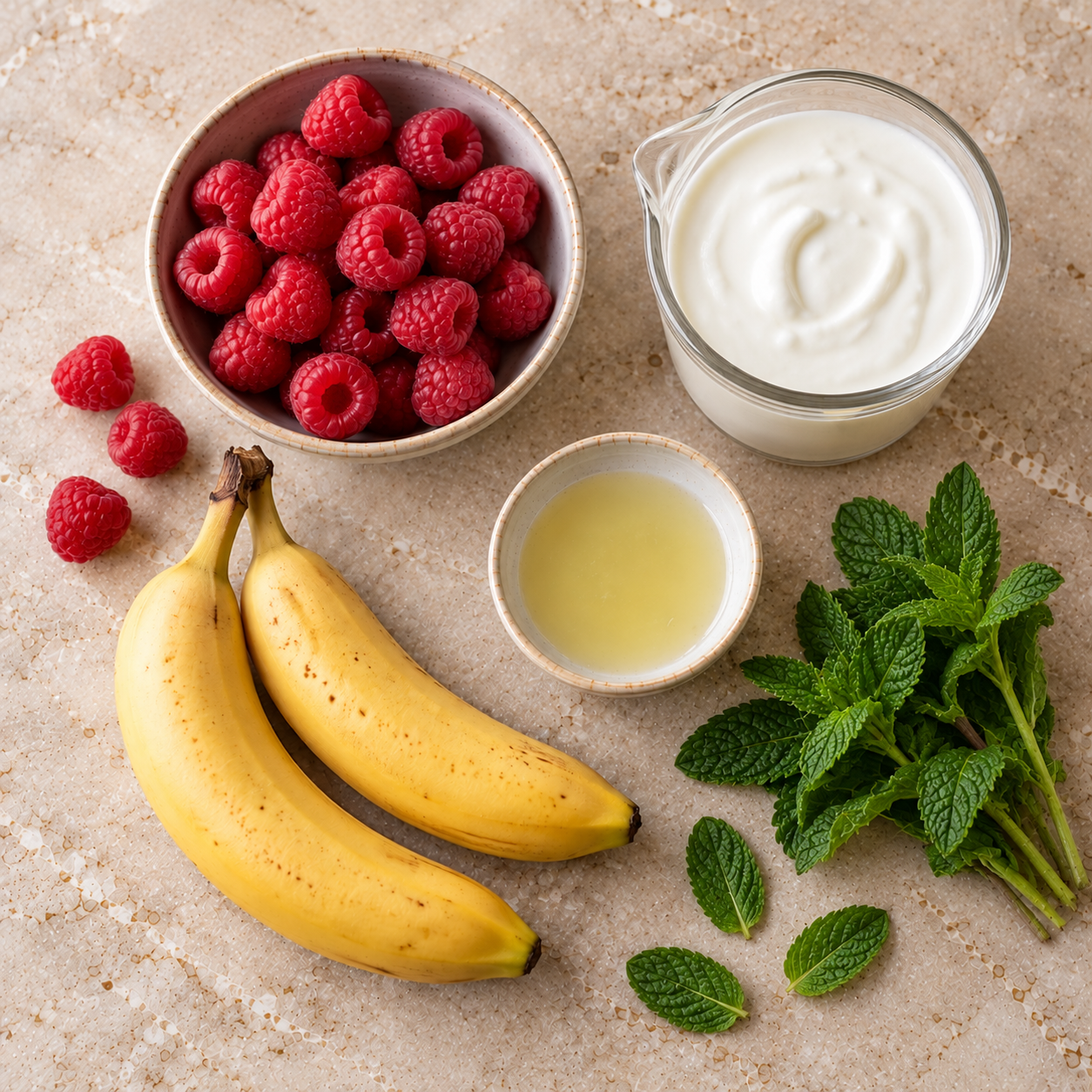 Ingrediënten voor Frambozen-banaansmoothie met yoghurt & munt