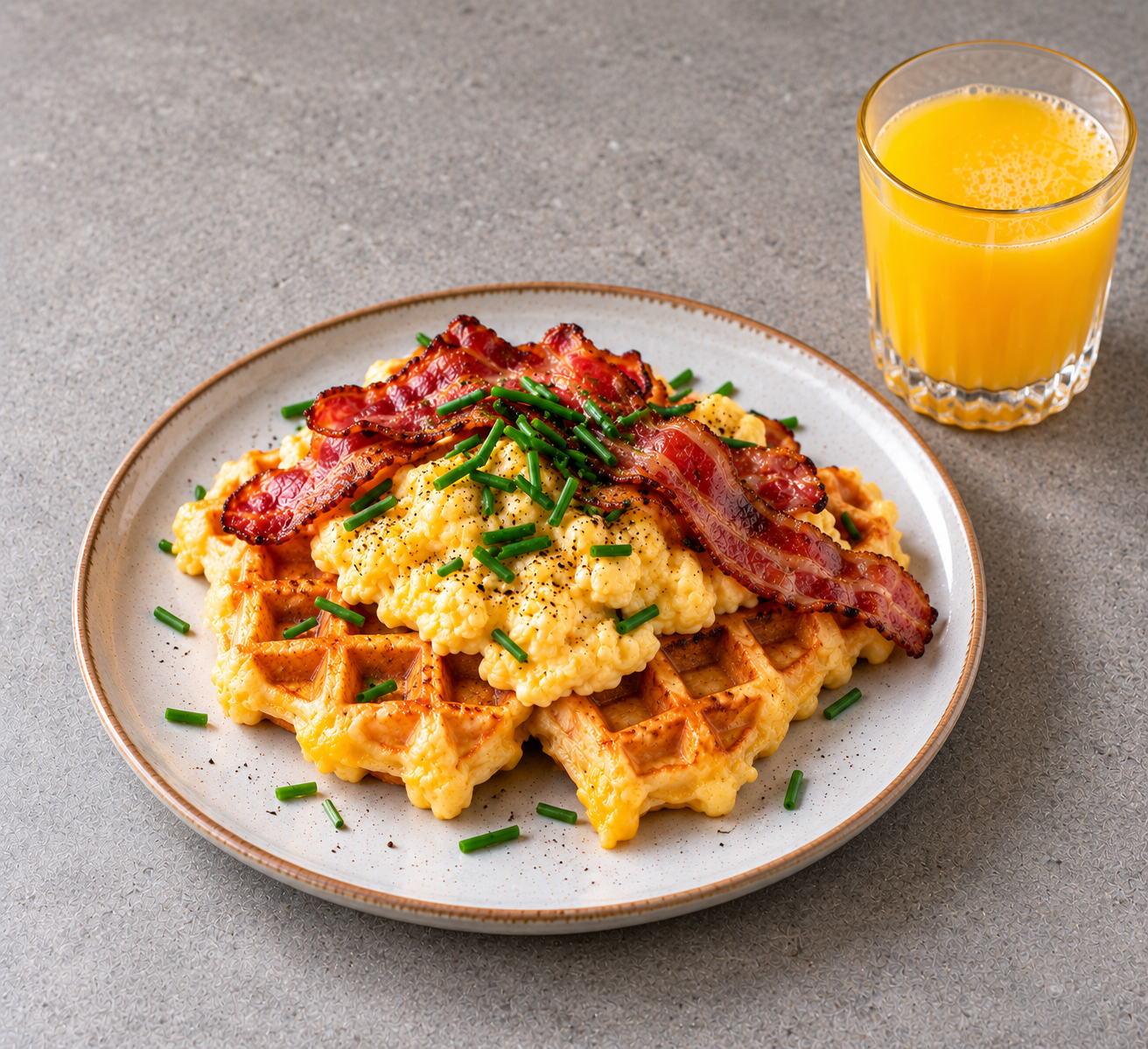 Hartige kaaswafels met roerei, bacon en bieslook