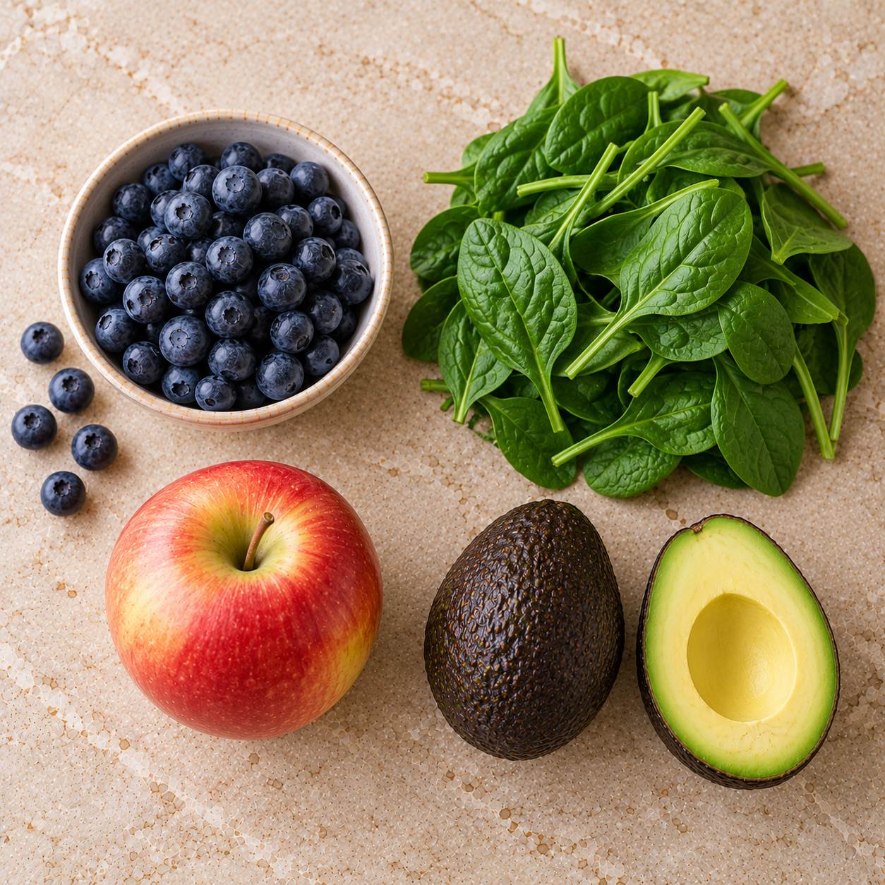 Ingrediënten voor Bosbes-appelsmoothie met spinazie & avocado