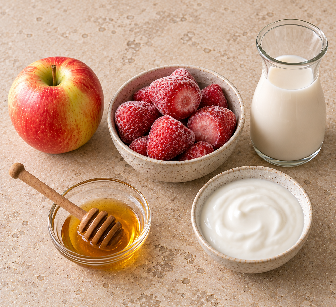 Ingrediënten voor Appel-aardbeiensmoothie met honing