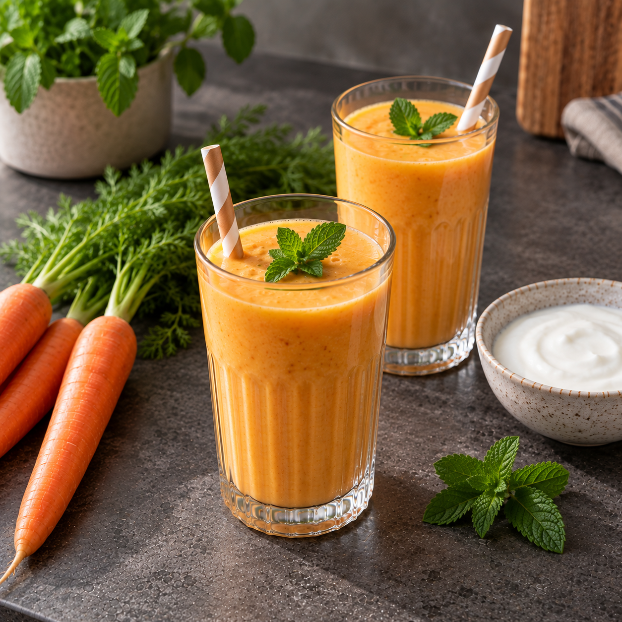 Mango-wortelsmoothie met sinaasappel & munt