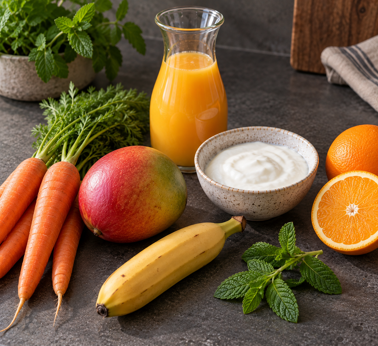 Ingrediënten voor Mango-wortelsmoothie met sinaasappel & munt