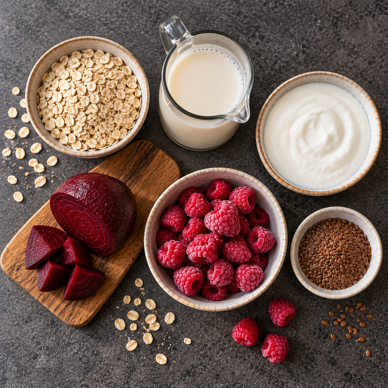 Ingrediënten voor Frambozen-bietensmoothie met haver