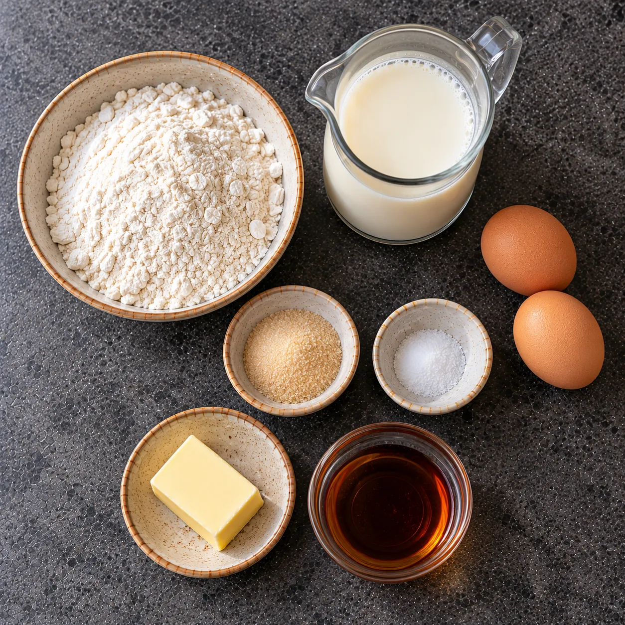 Ingredients for American pancakes with maple syrup