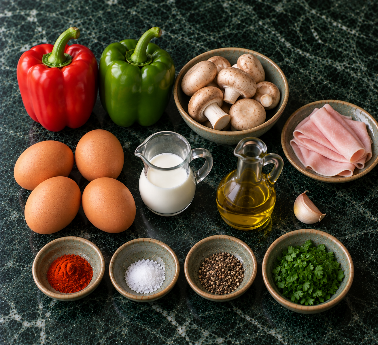 Ingrediënten voor Omelet met paprika, ham & champignons