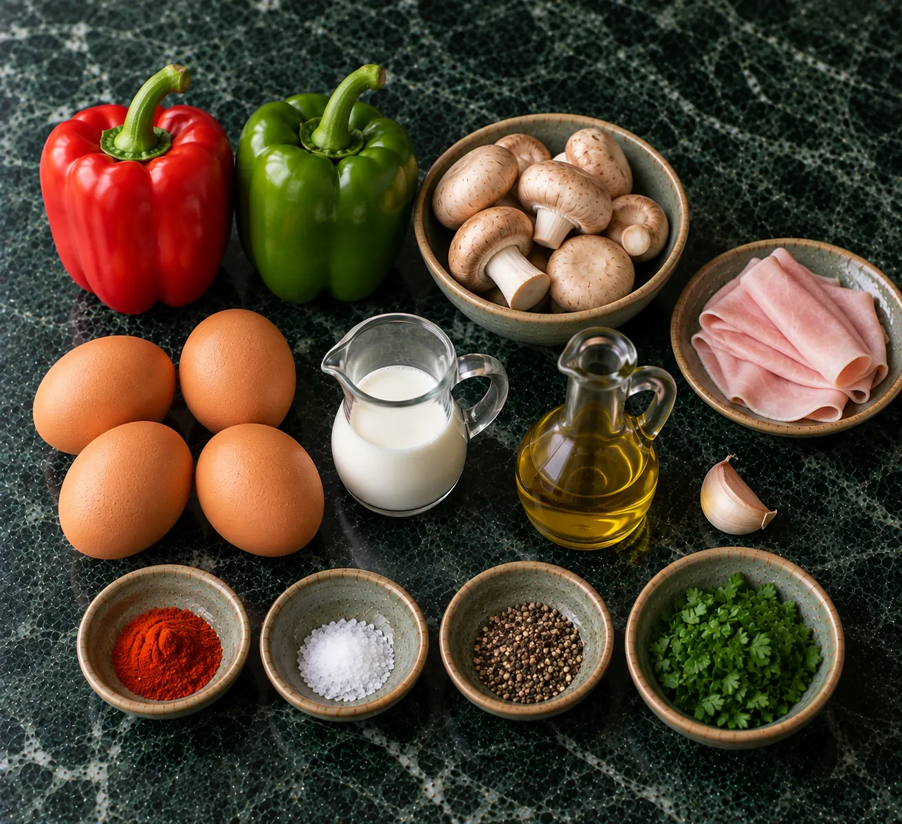 Ingredients for Omelette with Bell Pepper, Ham & Mushrooms