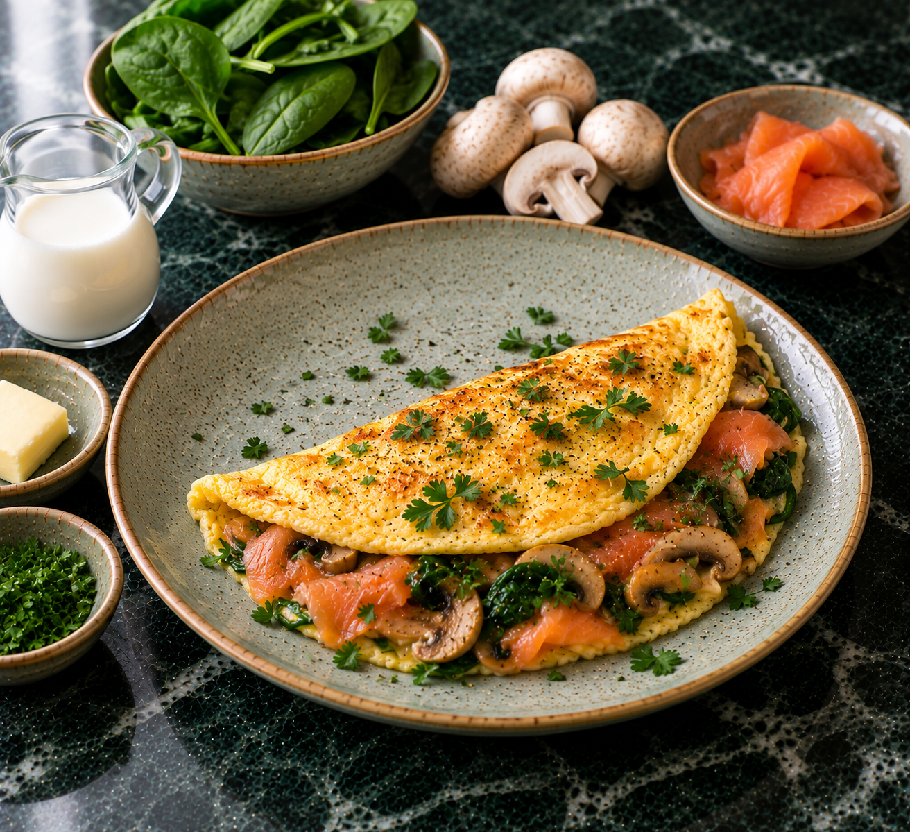 Spinazie-omelet met zalm & champignons