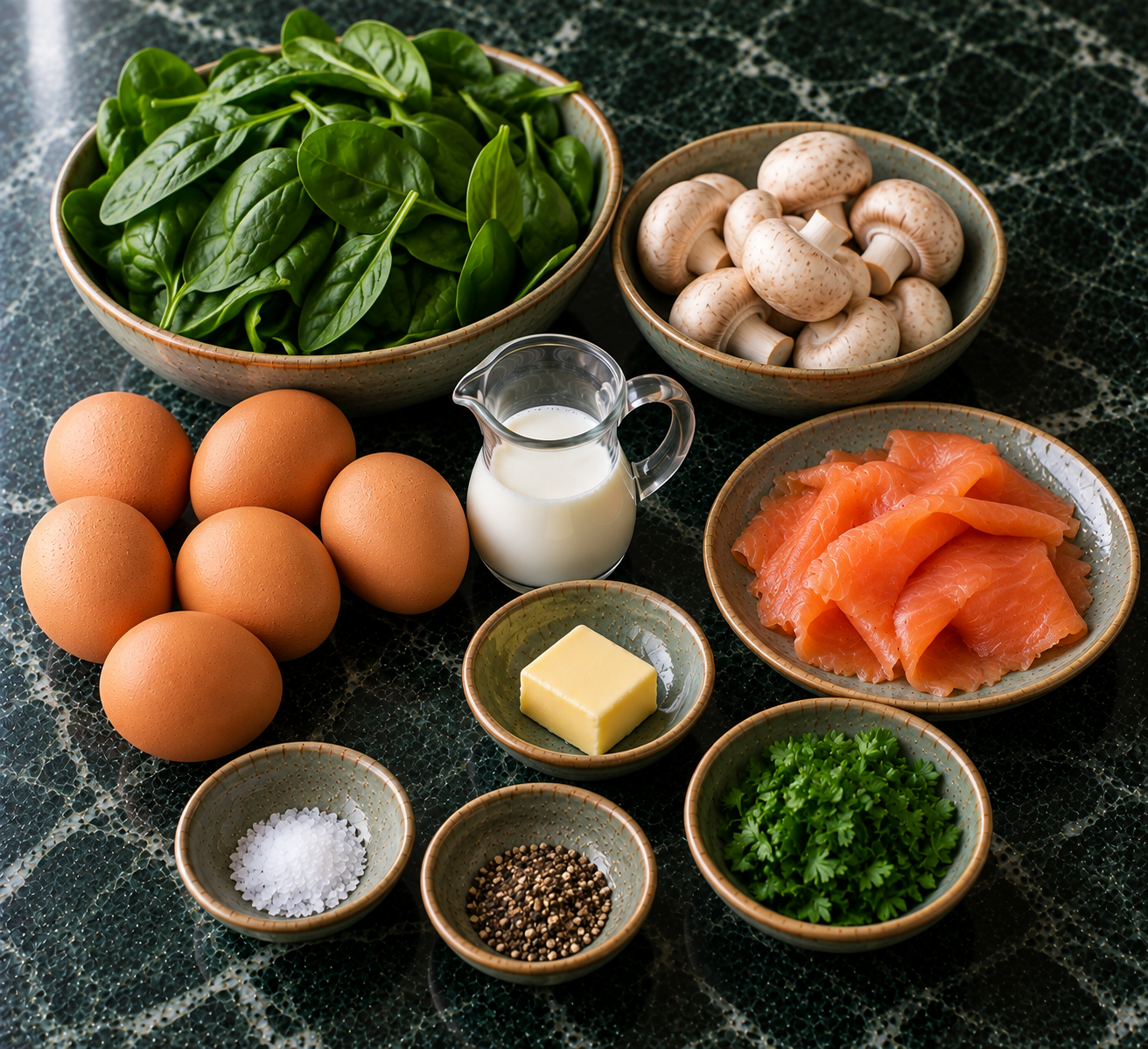 Ingrediënten voor Spinazie-omelet met zalm & champignons