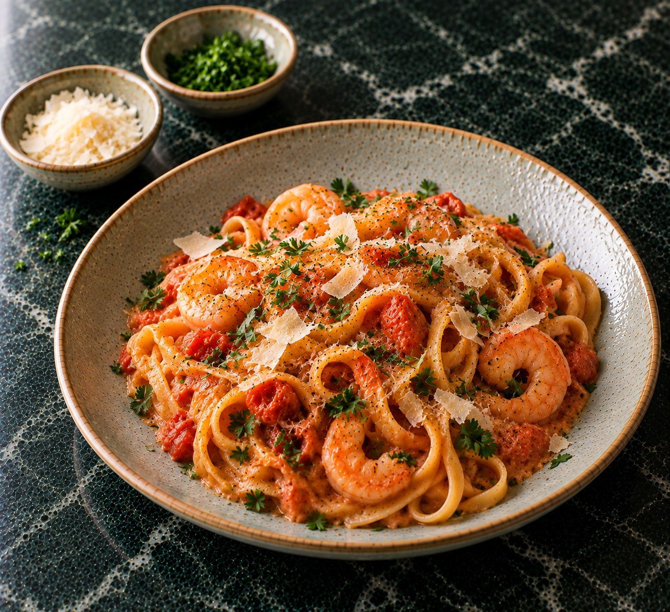 Tagliatelle met garnalen in romige tomatensaus