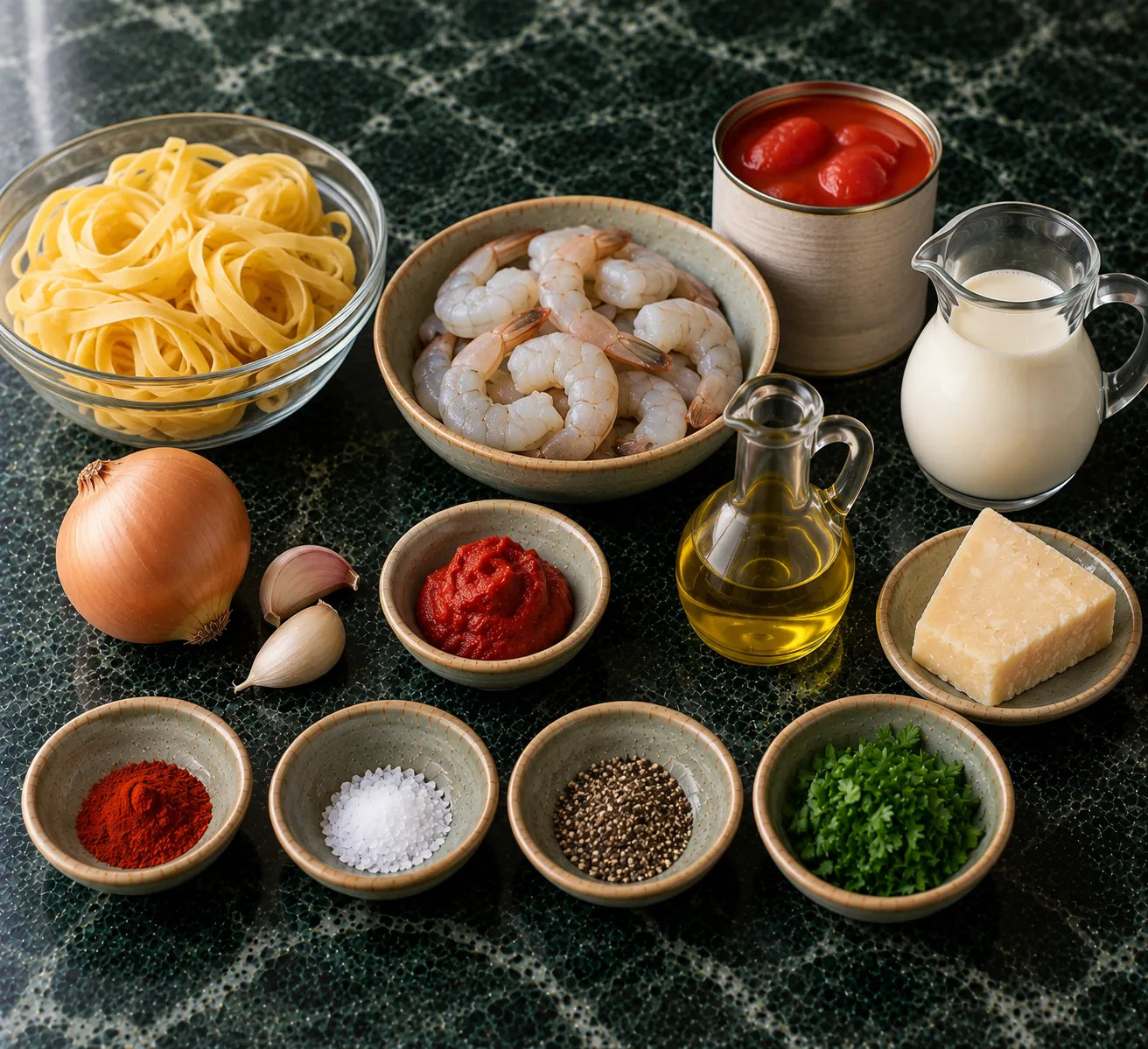 Ingredients for Tagliatelle with Prawns in Creamy Tomato Sauce