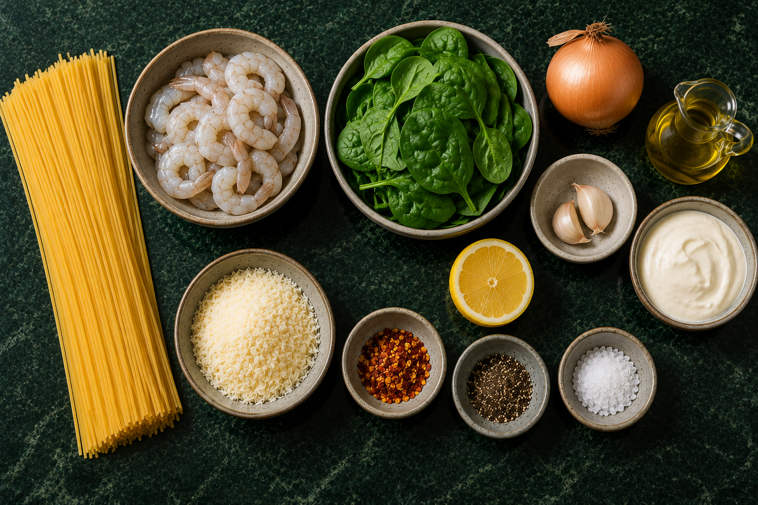 Ingrediënten voor Romige citroenpasta met garnalen en spinazie