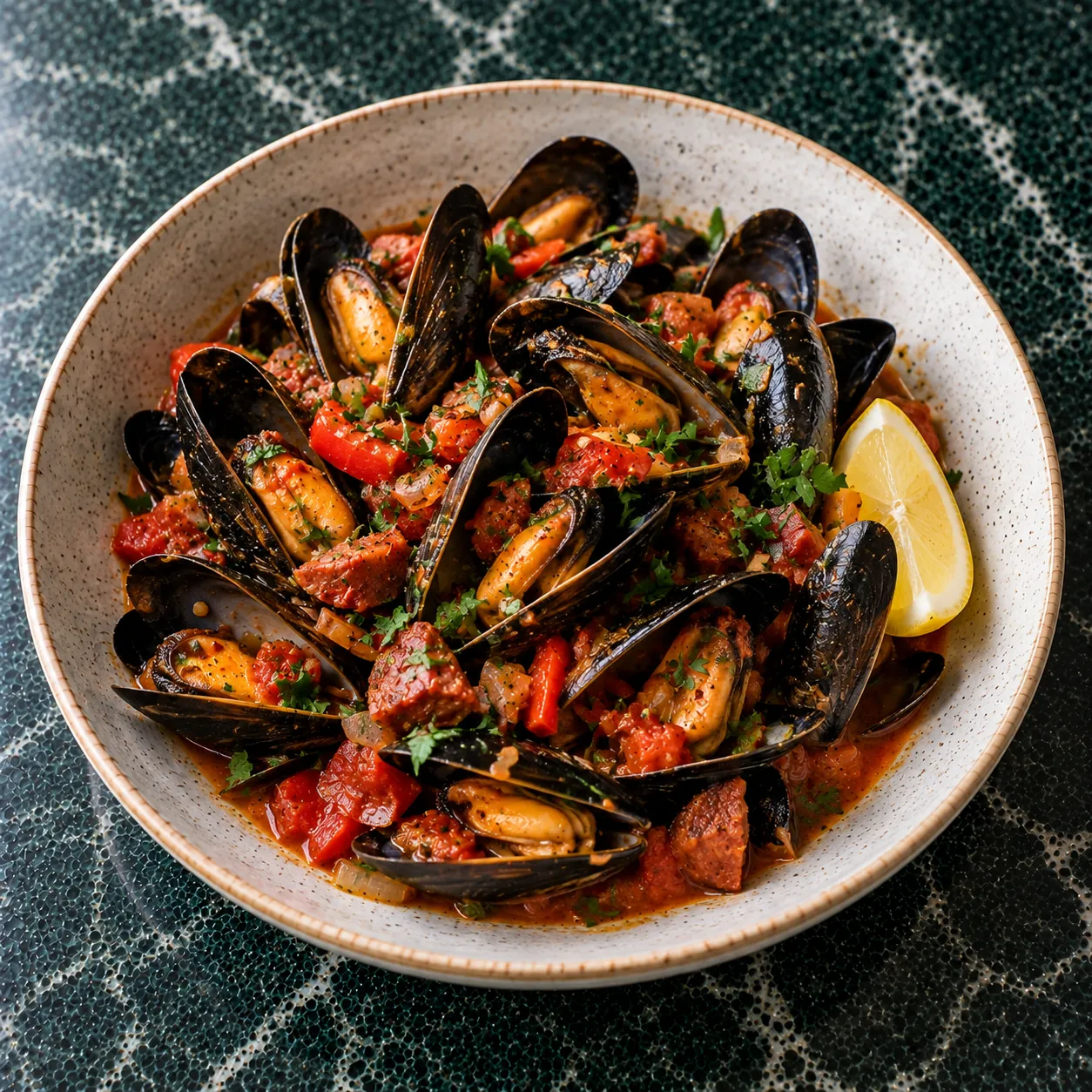 Spanish Mussels with Chorizo, Bell Pepper & Lemon