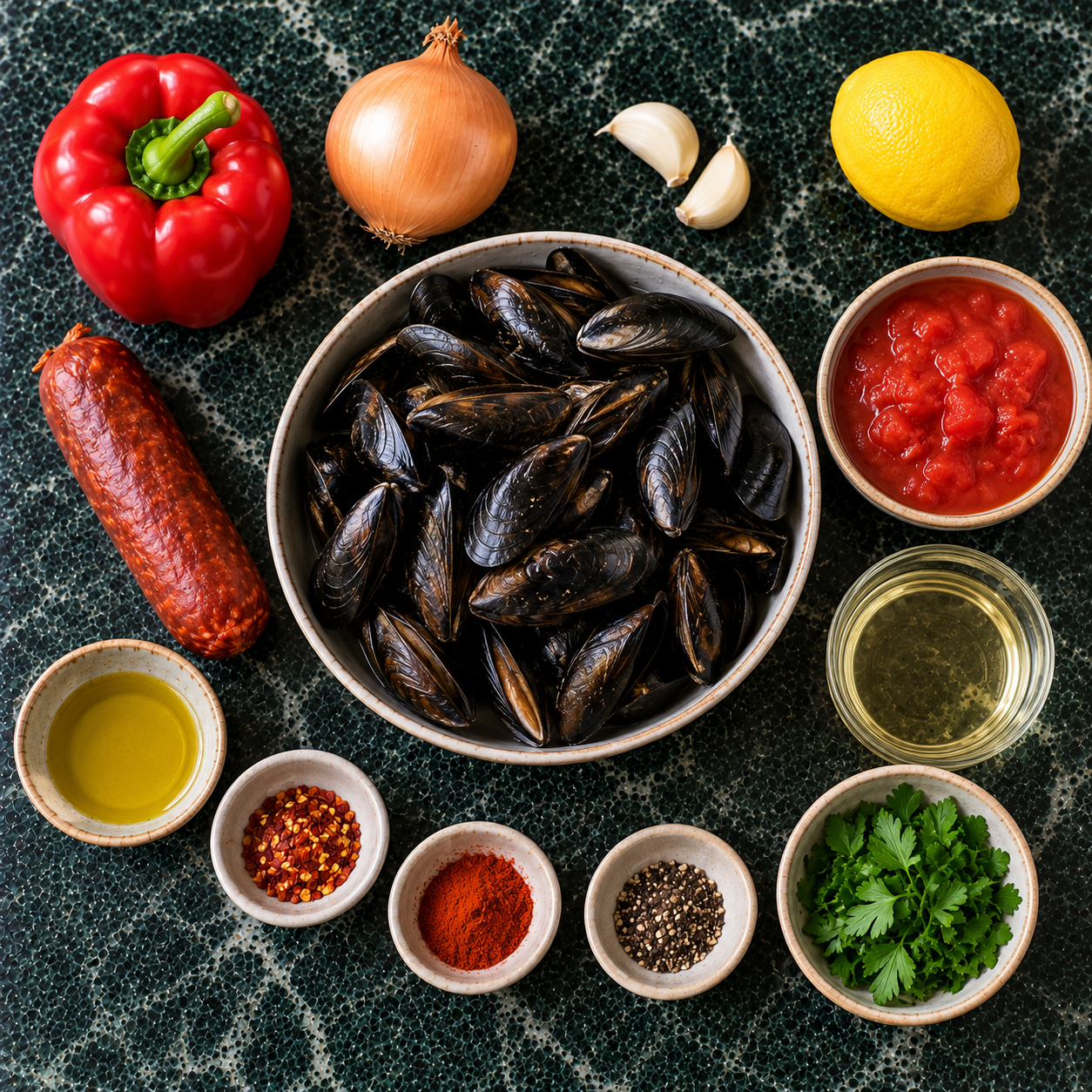 Ingrediënten voor Spaanse mosselen met chorizo, paprika & citroen