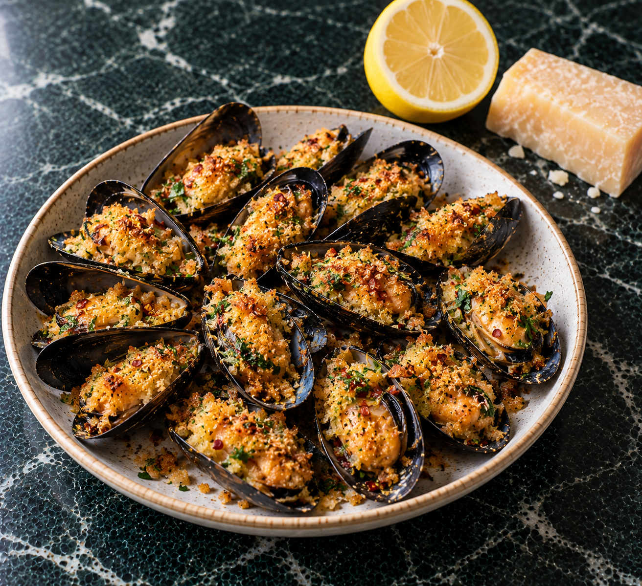 Krokante mosselen met citroen, Parmezaan & chili