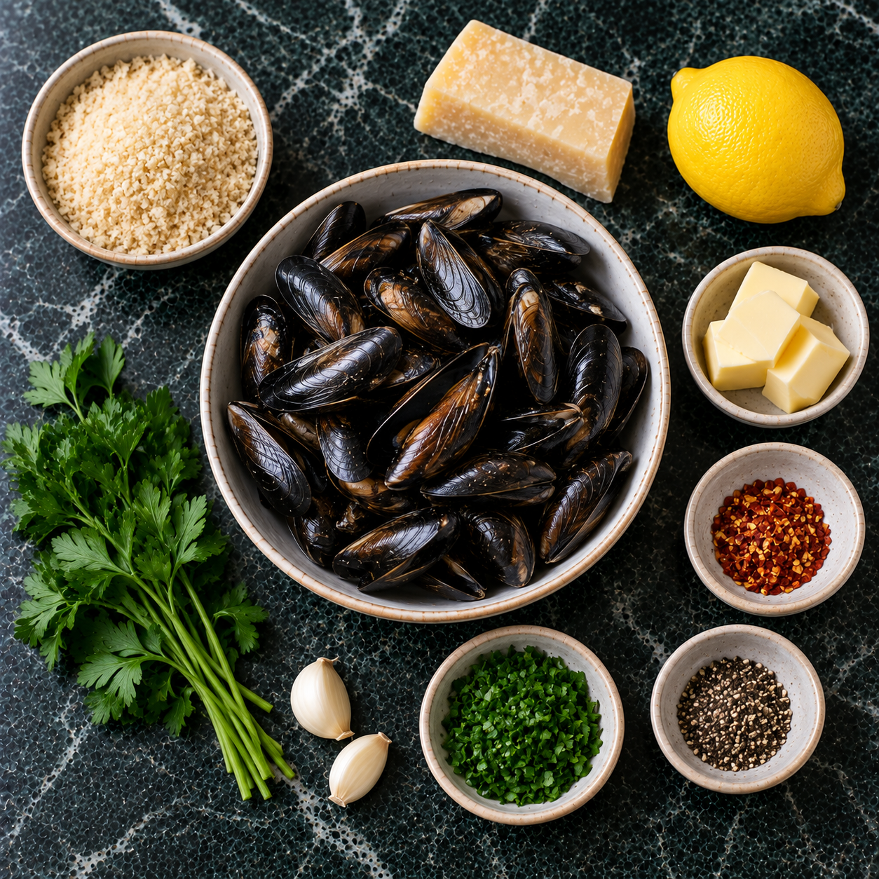Ingrediënten voor Krokante mosselen met citroen, Parmezaan & chili