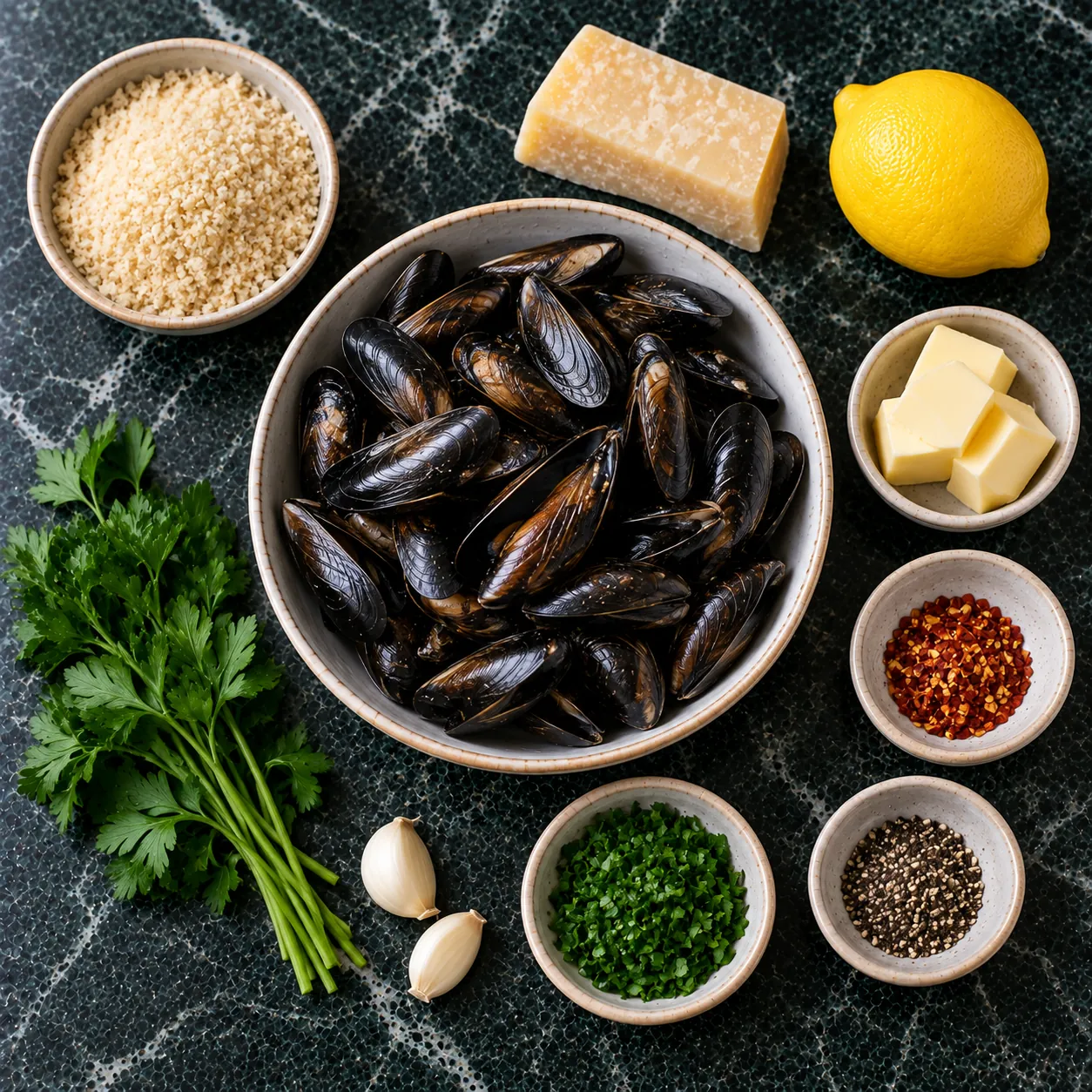 Ingredients for Crispy Mussels with Lemon, Parmesan & Chilli