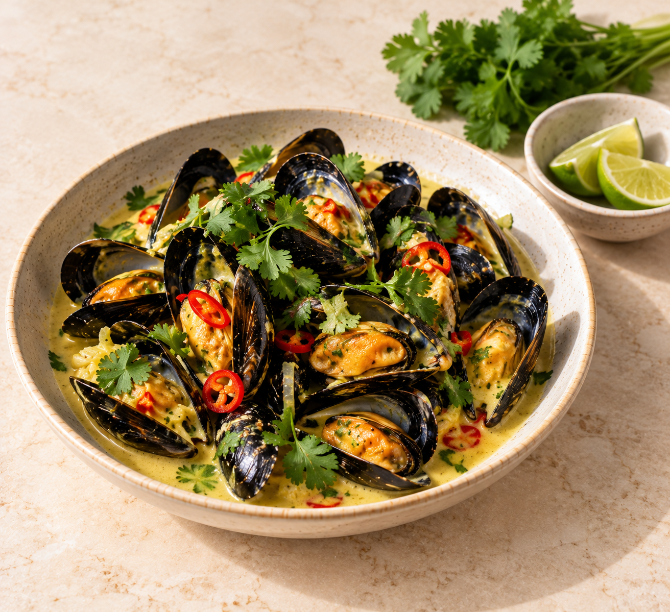 Kokosmosselen met rode chili, gember & limoen