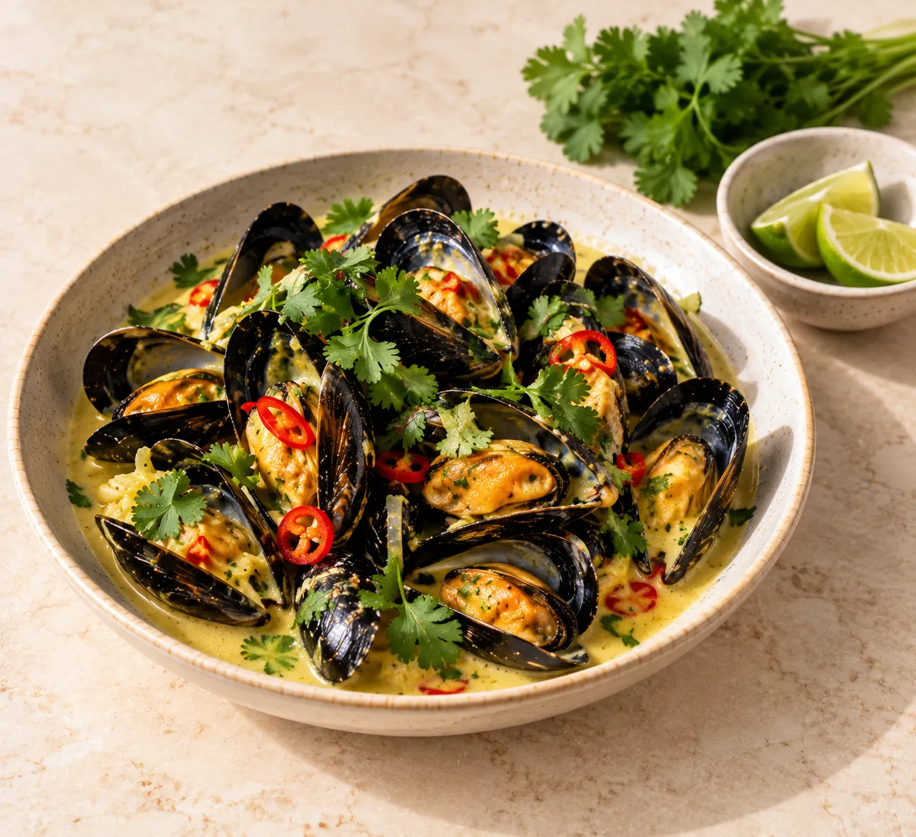 Coconut Mussels with Red Chilli, Ginger & Lime
