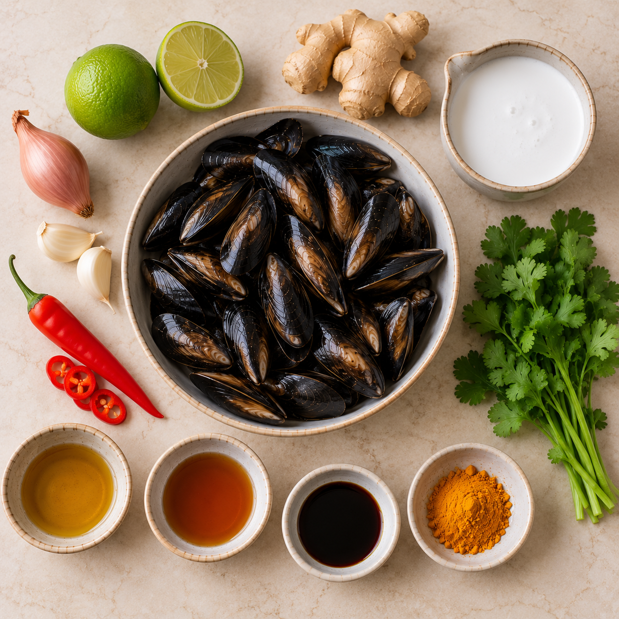 Ingrediënten voor Kokosmosselen met rode chili, gember & limoen