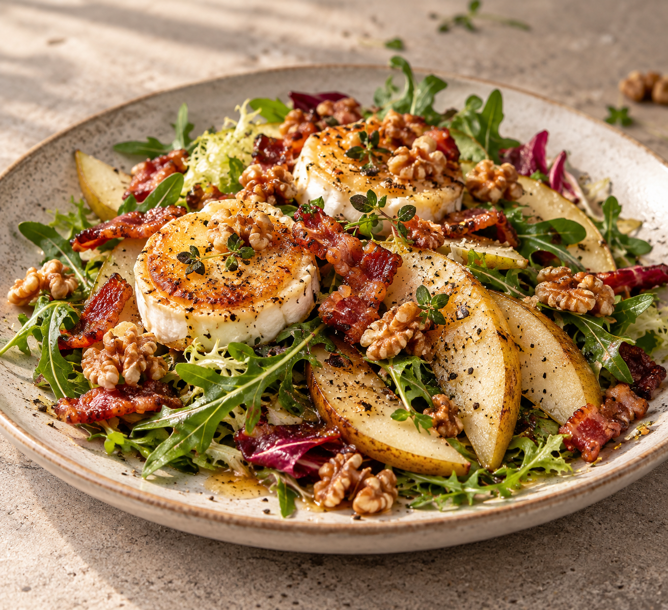 Warme geitenkaassalade met peer, spek & walnoten