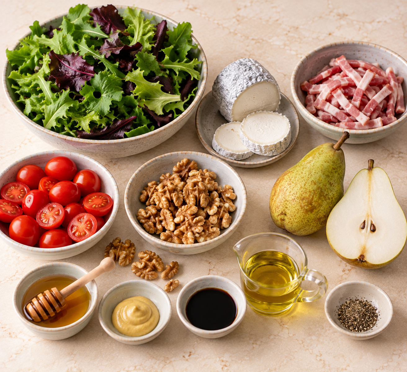 Ingrediënten voor Warme geitenkaassalade met peer, spek & walnoten