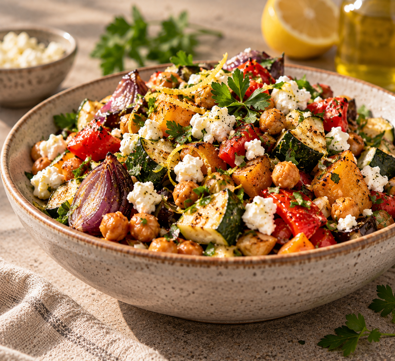 Geroosterde groentesalade met kikkererwten, feta & citroen