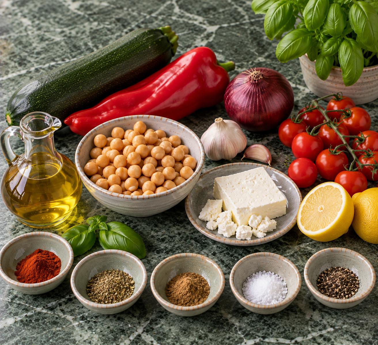 Ingrediënten voor Geroosterde groentesalade met kikkererwten, feta & citroen