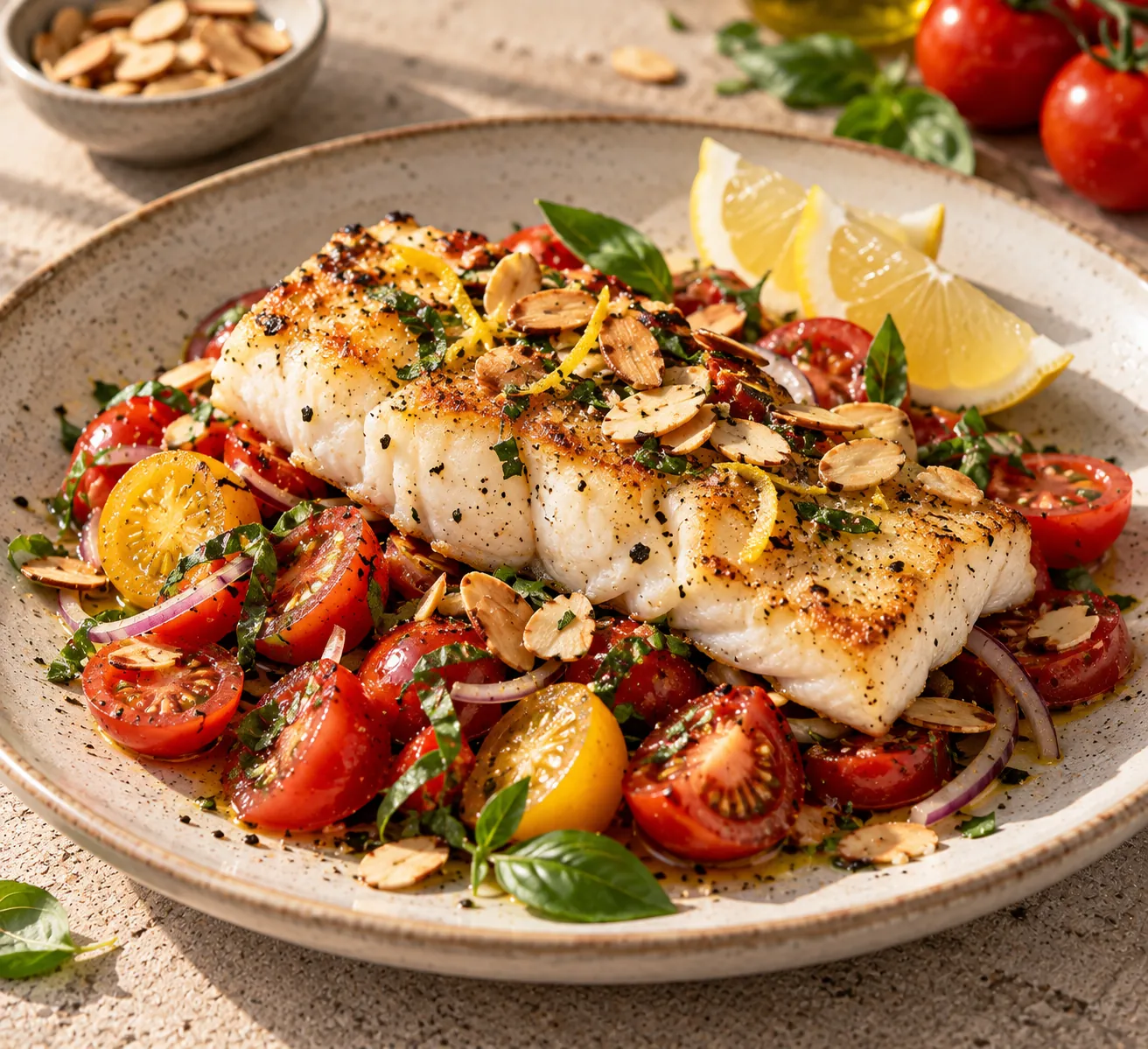 Tomato Salad with Pan-Fried White Fish, Lemon & Crispy Almonds