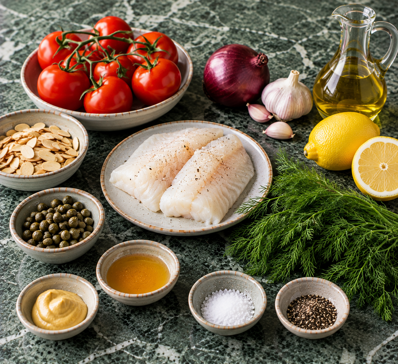 Ingrediënten voor Tomatensalade met gebakken witvis, citroen & krokante amandelen