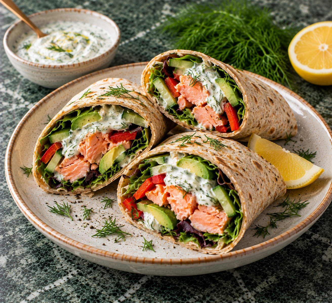 Zalmwraps met avocado & frisse dille-yoghurtsaus