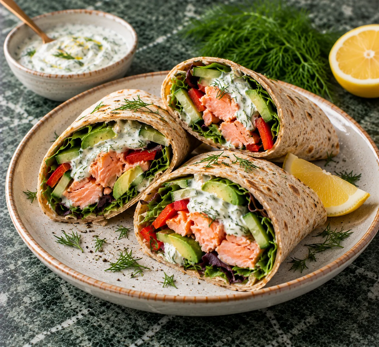 Salmon Wraps with Avocado & Fresh Dill-Yogurt Sauce