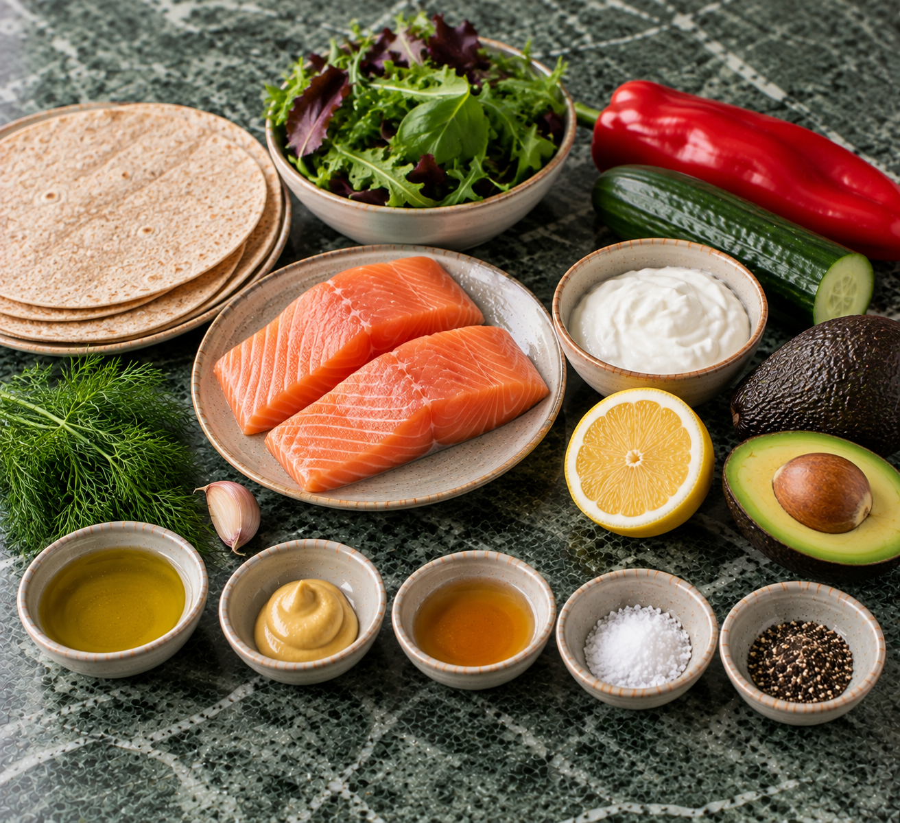 Ingrediënten voor Zalmwraps met avocado & frisse dille-yoghurtsaus