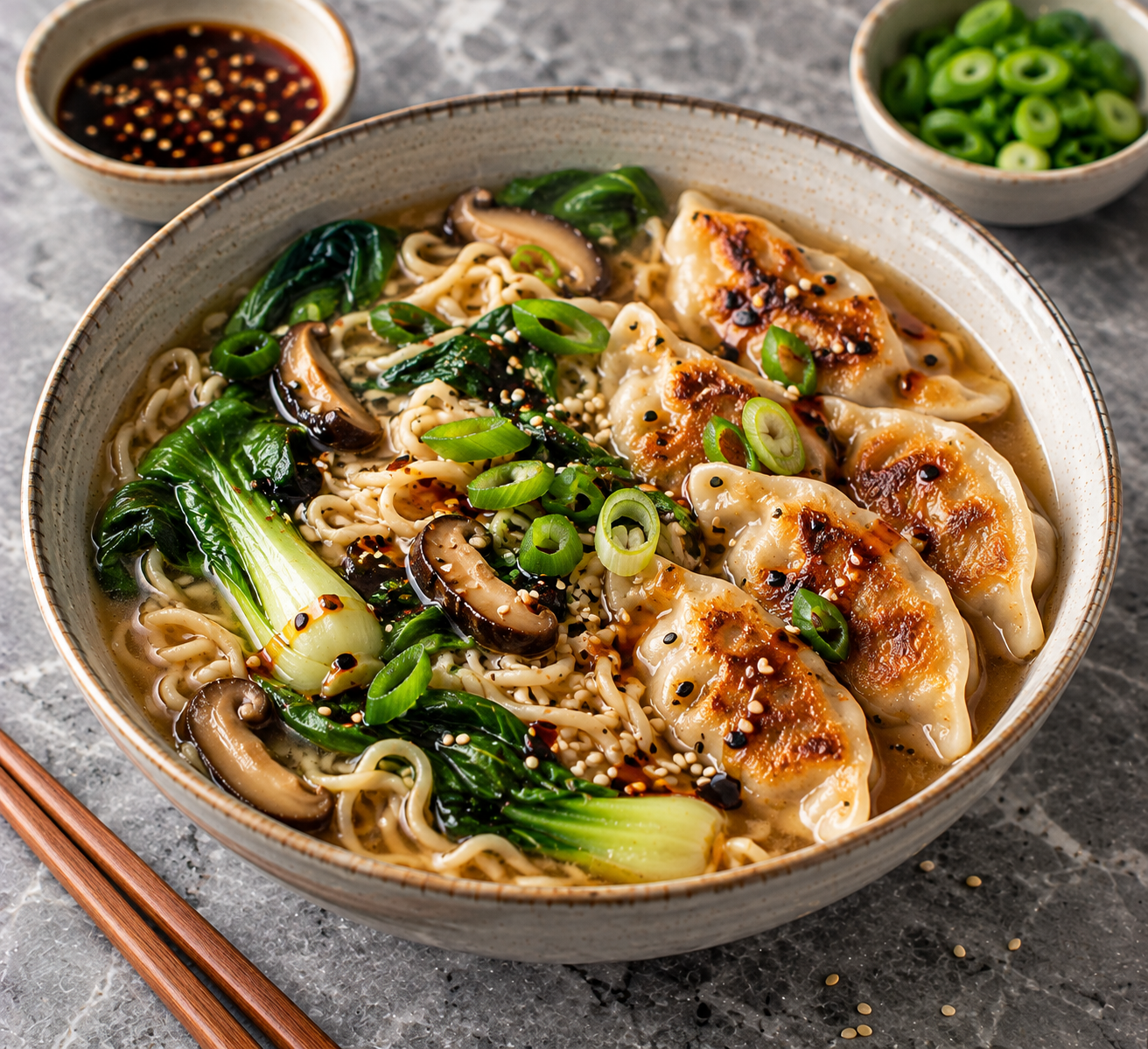 Miso-ramen met kipgyoza, shiitake & paksoi