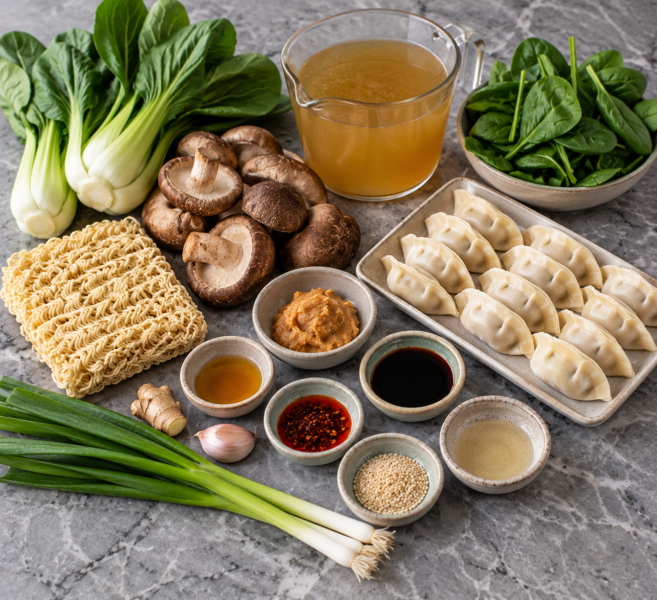 Ingrediënten voor Miso-ramen met kipgyoza, shiitake & paksoi