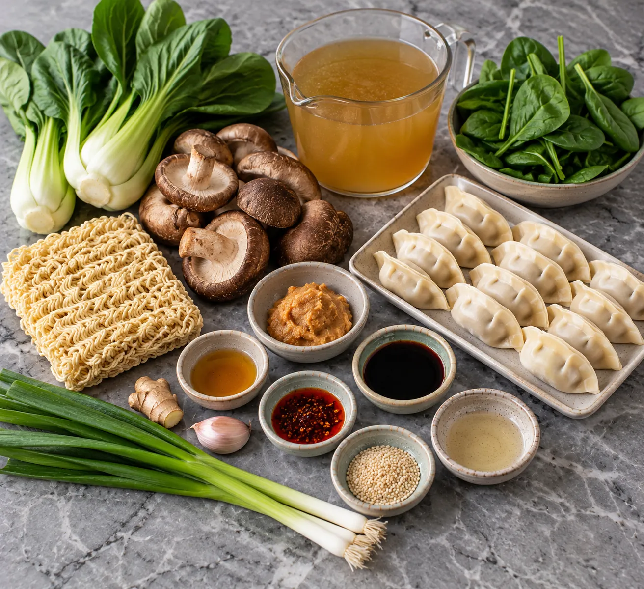 Ingredients for Miso Ramen with Chicken Gyoza, Shiitake & Pak Choi