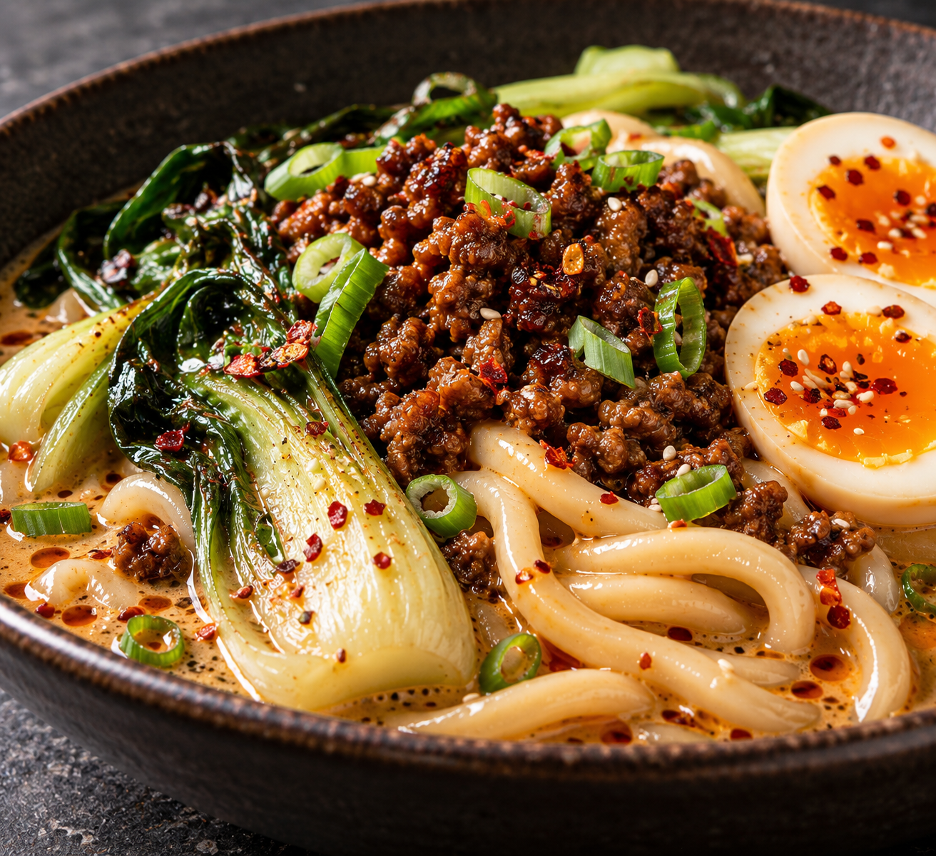 Romige miso-udon met gekaramelliseerd gehakt en paksoi