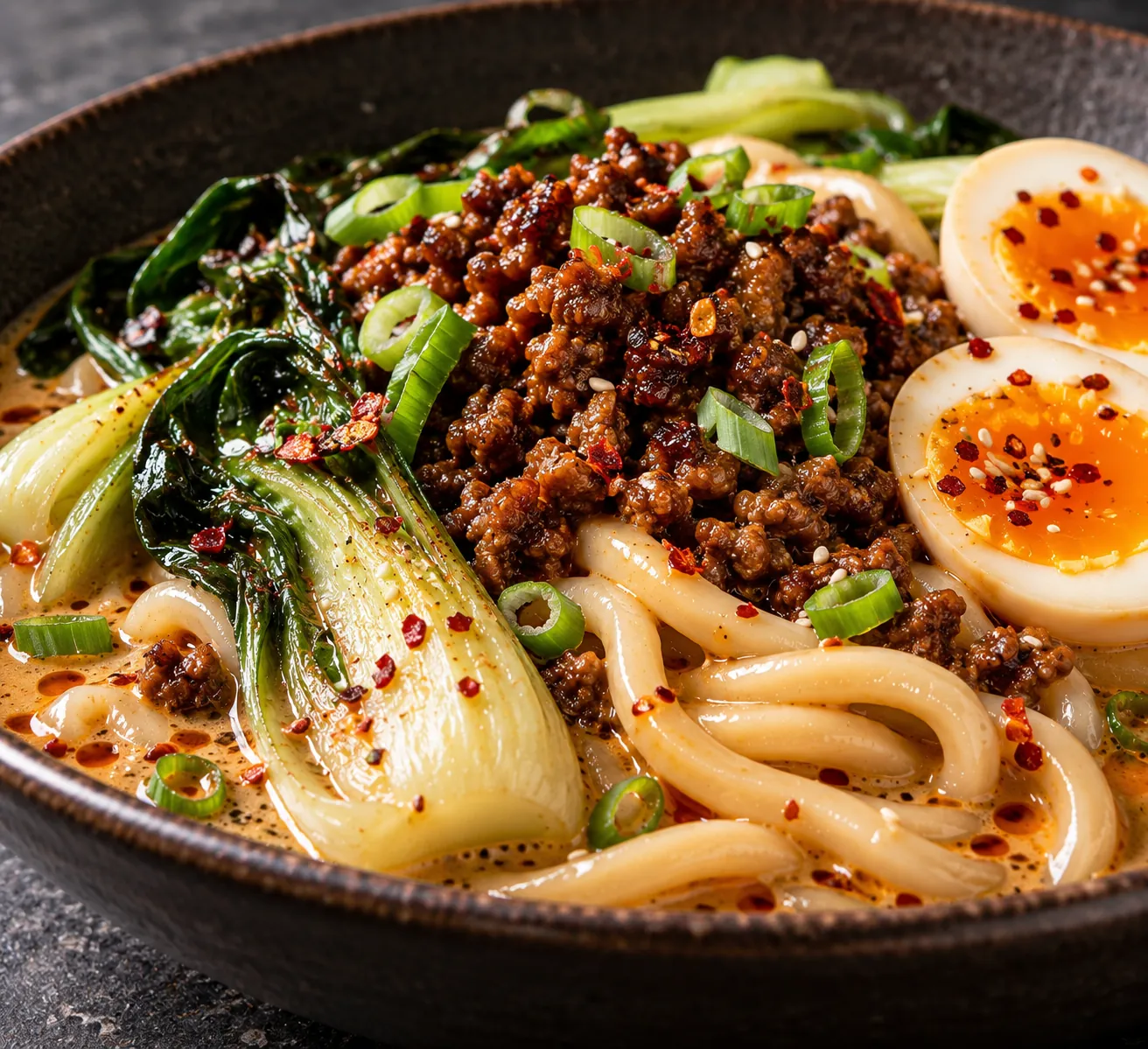 Creamy Miso Udon with Caramelised Mince and Pak Choi