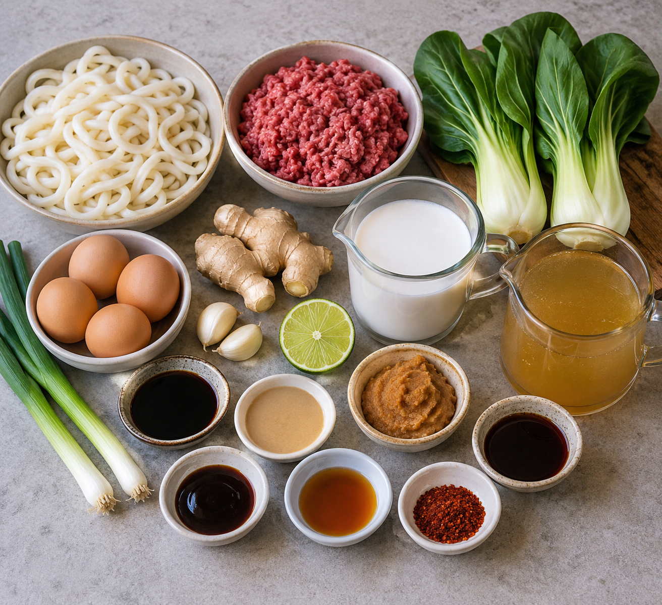 Ingrediënten voor Romige miso-udon met gekaramelliseerd gehakt en paksoi