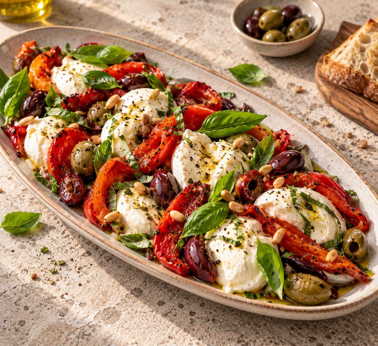 Italiaanse mozzarella-salade met geroosterde paprika & olijven